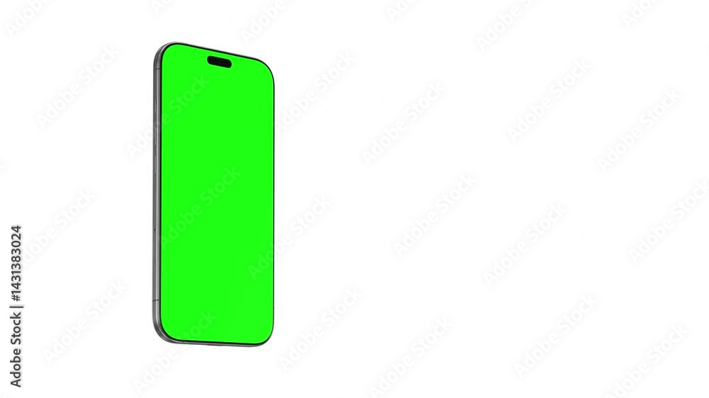 Poster rotating smartphone with a green screen on a white background, perfect for displaying apps or media 