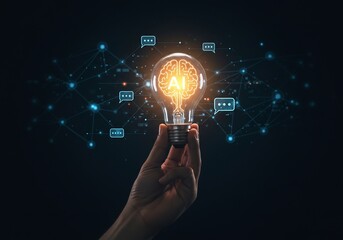 Hand Holding Glowing Light Bulb with AI Brain Network Concept