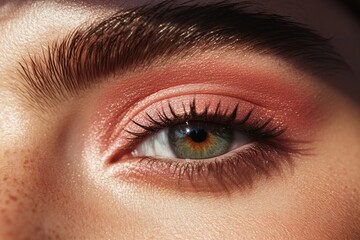 Obraz premium Close-up of female eye with green iris and pink eyeshadow