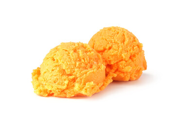 Balls of tasty orange sorbet isolated on white