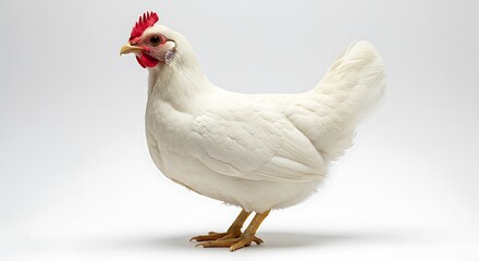 Elegant hen portrait, crisp white plumage against bright backdrop creates a stark visual
