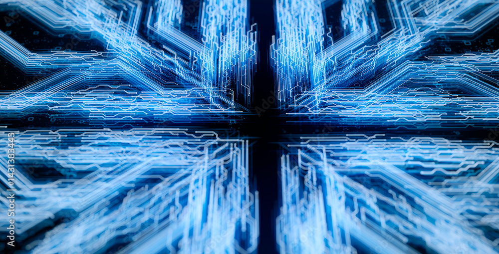 Poster a dark background with a blue abstract design of connected lines and dots, representing technologica
