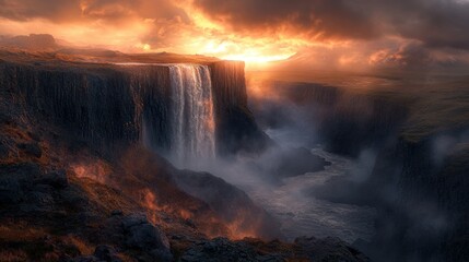 Fototapeta premium Dramatic waterfall cascading down cliffs at fiery sunset