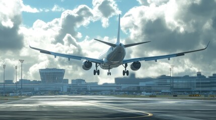 an airplane as it prepares for landing at a modern airport