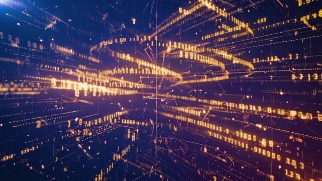 Number, particle and line glow move around digital world particle effect.Motion graphic digital technology futuristic conceptual with 3d rendering
