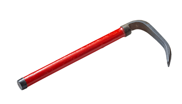compact red crowbar with curved steel claw, lightweight pry bar tool for precise demolition and repair, on isolated background
