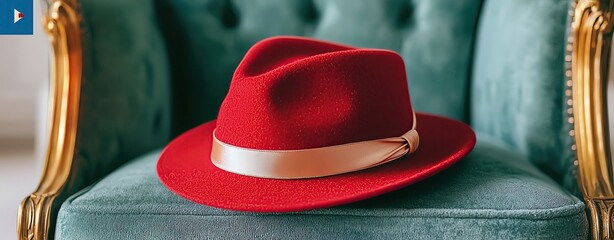 Pastel background close up of a red fedora hat with silk ribbon resting on a vintage armchair in a luxurious setting