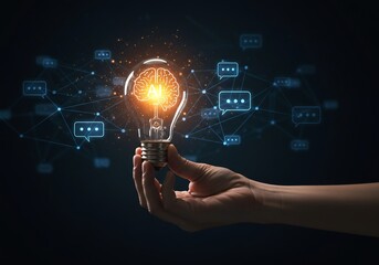 Hand Holding Glowing Light Bulb with Brain and Network Connections