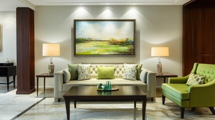 Elegant living room interior design, featuring a beige sofa, green armchair, and landscape painting; ideal for home d?cor websites
