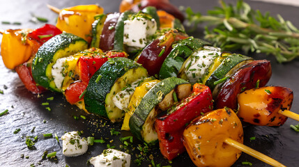 A skewer of vegetables with a side of herbs