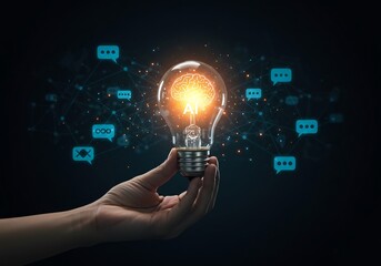Hand Holding Glowing Lightbulb with AI Brain and Network Connections