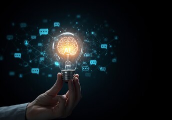 Hand Holding Glowing Lightbulb with AI Brain Inside Network Connections