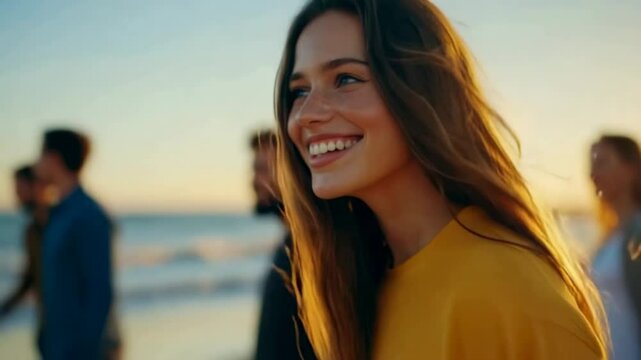 Group of friends enjoying sunset at beach with bright smiles and warm atmosphere highlighting friendship and happiness