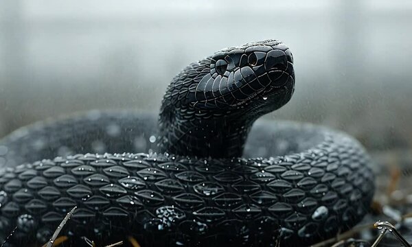 Close-up of a sleek black snake coiled on the ground, glistening with dew in a misty environment