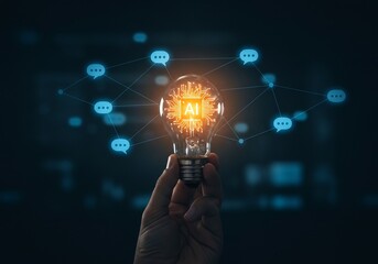 Hand Holding Glowing Lightbulb with AI Network Connections