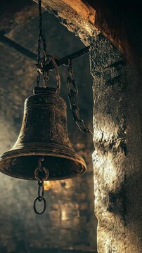 vintage bell hanging in an old tower, dramatic and rustic atmosphere, sharp focus, intricate details, soft warm lighting