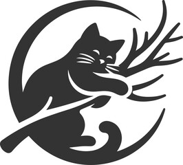 Cat with tree branch vector silhouette