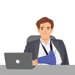 Businessman with a bandaged arm in a sling sits at his desk, showing signs of discomfort. Flat vector illustration isolated on white background