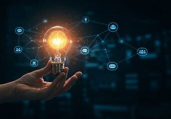 Hand Holding Glowing Lightbulb with AI Symbol and Network Connections