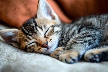 Adorable tabby kitten sleeping peacefully on a cozy blanket