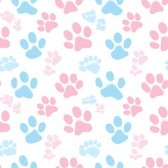 Fototapeta premium seamless pattern of cute dog paws, pastel colors, soft pink and light blue, minimalistic kawaii style, flat design, wallpaper, white background
