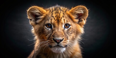 Fototapeta premium Adorable Lion Cub Macro Portrait, Isolated Black Background Wildlife Photography