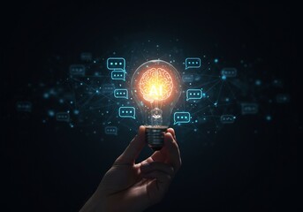 Hand Holding Glowing Lightbulb with Brain and Network Connections
