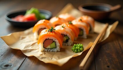 Delicious Salmon Sushi Rolls on Brown Paper Wooden Table