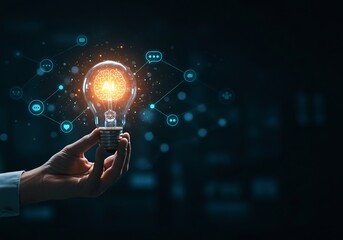 Hand Holding Glowing Lightbulb with Network Connections