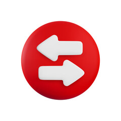 Vector cartoon 3d arrow button set. Cute realistic left and right oncoming direction white arrows on red circle. 3d render plastic navigation direction icon for infographic, web, app, game, design.