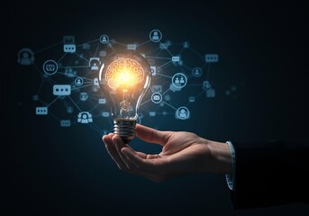 Hand Holding Glowing Lightbulb with Network Connections