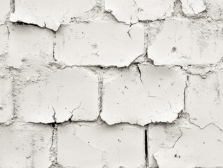 Fototapeta premium An aged brick wall, covered in peeling white plaster, presents a fascinating display of cracks and imperfections. This texture-rich background invites creativity and personalization for various uses