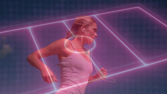 female runner wearing white earphones running in fitness technology demo, featuring neon pink grid