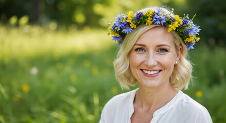 Smiling middle aged woman wearing traditional Swedish Midsummer flower crown. Portrait of beautiful blonde celebrating Midsummer festival with floral headpiece outdoors.
