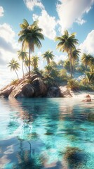 Tropical island with palm trees and clear water.