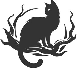 Cat with tree branch vector silhouette