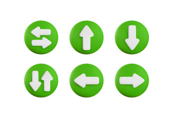 Vector cartoon 3d arrow button set. Cute realistic 3d up, down, left, right and oncoming direction white arrows sign on green circle. Navigation direction icon for infographic, web, app, game.