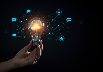 Hand Holding Glowing Lightbulb with Network Icons Dark Background