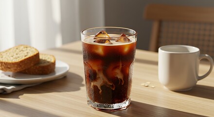 A glass of cold brew coffee with ice cubes and a splash of oat milk, minimalist morning table setting, summer sunrise lighting