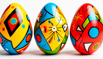 Brightly colored Easter eggs with abstract pattern on a white background