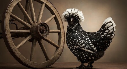 Fototapeta premium Polished Fowl Portrait with Distressed Wheel Emphasizing Rustic Charm and Beauty