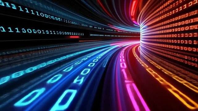 Data Stream Velocity: Immerse yourself in a vivid, artistic depiction of data transfer through a tunnel, visualized by a flowing binary stream of digits.