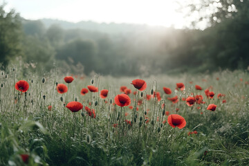 Field of red poppies under soft morning light Generative AI © Галя Дорожинська