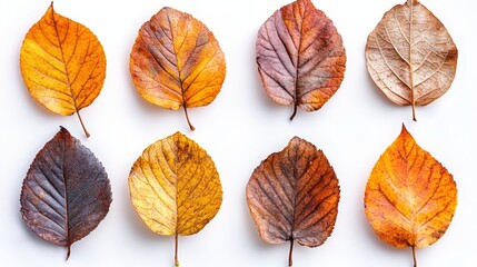 Obraz premium Autumn leaves in various colors arranged in grid pattern on white background.