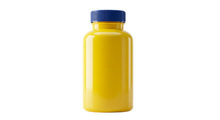 A yellow plastic bottle with a blue cap isolated against a black background in a studio setting