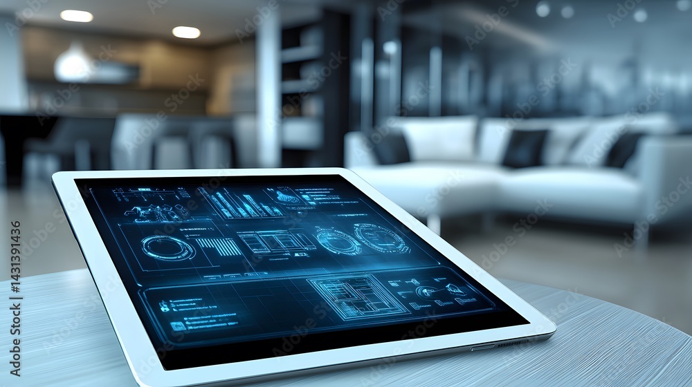 Poster a tablet displaying a futuristic smart home interface sits on a table. the background is a blurred m