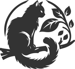 Cat with tree branch vector silhouette