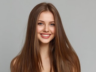 Fototapeta premium Beautiful smiling young woman with long straight hair posing on gray background in studio portrait, close-up shot for beauty and skin care concept, 4K ultra-realistic high-detail stock.