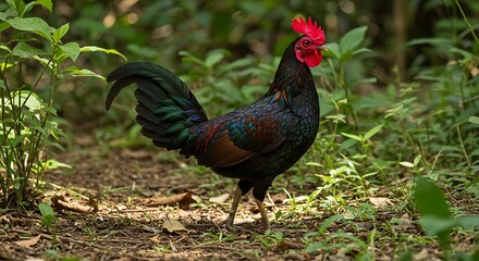 Fototapeta premium Majestic male junglefowl displaying its plumage in the verdant forest undergrowth