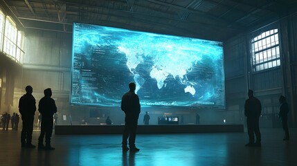 Silhouetted figures observe a massive, futuristic world map displayed on a large screen within a spacious, industrial setting. The scene evokes a sense of global monitoring or strategic planning.